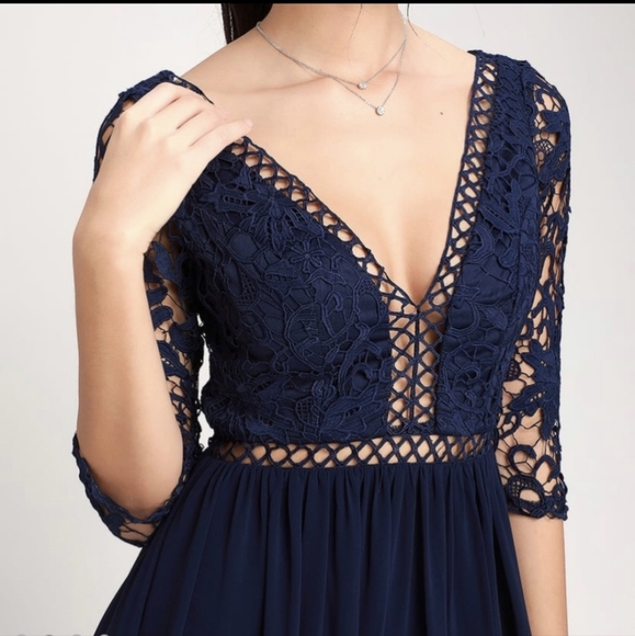Lulu's Navy Crochet Sleeve Maxi Dress - Picture 4 of 9